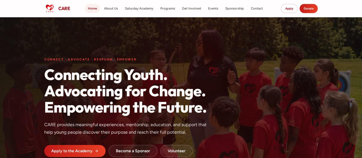 C.A.R.E. nonprofit homepage showing youth program imagery with donate and apply calls to action