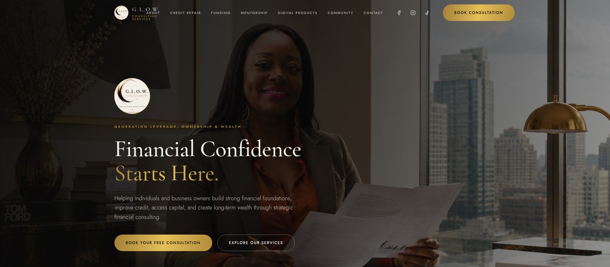 G.L.O.W. Consulting Services homepage showing the financial consultant and consultation booking section