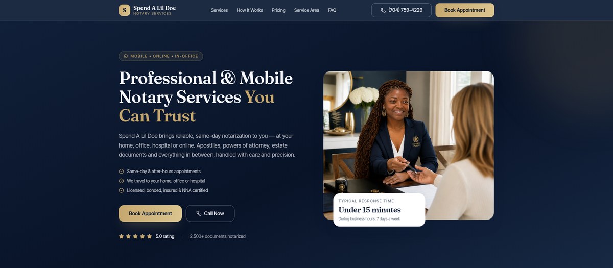 Spend A Lil Doe Notary homepage showing the mobile notary owner and same-day booking call to action