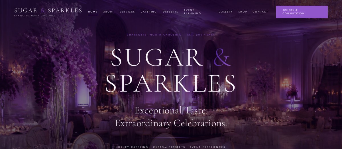 Sugar & Sparkles homepage showing luxury catering and event styling with a consultation booking call to action